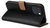 A black flip-style phone case with a brown accent strap is shown from a side angle, with the phone inside. Produktbild-Vorschau