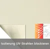 A close-up of a beige fabric with a corner folded back, next to graphics illustrating UV protection and a sketch of an office space. Text at the bottom indicates UV protection. Náhled obrázku produktu