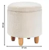 A white, fluffy round ottoman with wooden legs is shown against a white background. Dimensions are indicated by arrows and text. Produktbild-Vorschau