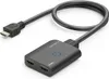 A black HDMI splitter with two HDMI ports and one input cable is shown on a white background. Voir les images du produit