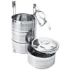 A stainless steel tiffin carrier with three stacked containers and a separate lid. Produktbild-Vorschau
