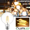 A collage of images showing a clear LED light bulb and a close-up of its filament, with a background of other illuminated light bulbs. Produktbild-Vorschau
