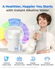 A woman is holding a glass of water next to a water filter pitcher, with a pH color chart and icons illustrating product benefits. Produktbild-Vorschau