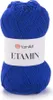 A ball of blue yarn with a white label. Produktbild-Vorschau