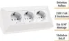A white triple electrical socket block is shown from a diagonal angle against a white background. Text boxes with product information are to the right of the socket block. Produktbild-Vorschau