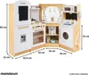 A wooden toy kitchen with various appliances and accessories, shown with dimensions indicated. Podgląd zdjęcia produktu