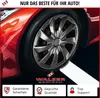 A close-up of a car wheel with a silver hubcap, part of a red car is visible. The image also contains marketing text and logos at the bottom. Produktbild-Vorschau
