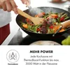 Close-up of a person cooking vegetables in a wok on a stovetop, with text overlay. Produktbild-Vorschau