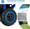 Close-up of a large tire with a blue rim, next to three small images showing a beach, a brick path, and a lawn. Produktbild-Vorschau