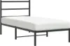 A black metal bed frame with a white mattress is shown against a white background.