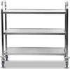 A stainless steel serving cart with three shelves and wheels, shown against a white background. Voir les images du produit