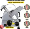 A commercial meat slicer is shown with callouts highlighting its adjustable slice thickness feature. Podgląd zdjęcia produktu