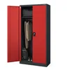 An open metal cabinet with red doors, showing clothes, a bag, and shoes inside. Voir les images du produit