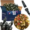 A collage of images showing a box of LED Christmas lights, close-ups of the lights and connectors, and a decorated Christmas tree illuminated by similar lights. Produktbild-Vorschau