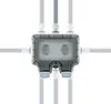 A product shot of a 2-way outdoor socket for angled plugs, shown against a white background with multiple pipes connected. Anteprima dell’immagine prodotto