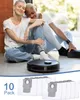 Two people sitting on the floor next to a robot vacuum cleaner, with a pack of dust bags shown below. Produktbild-Vorschau