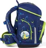 A blue backpack with a soccer player graphic and neon green accents, shown from the side. Produktbild-Vorschau