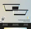 A modern, geometric ceiling light fixture with two overlapping rectangular frames, shown with a remote control and text indicating color temperature and RGB color change features. Anteprima dell’immagine prodotto
