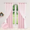 A pair of pink curtains with white sheer overlays are shown hanging in front of a window. Produktbild-Vorschau