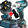 A collage of a Makita impact wrench kit, including batteries, a charger, a socket, and a case. Produktbild-Vorschau