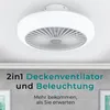 A white ceiling fan with integrated lighting is mounted on a white ceiling. Text overlays below the product describe its features. Produktbild-Vorschau