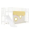 A white loft bed with a yellow and beige tent attachment, a white slide, and a ladder. Produktbild-Vorschau