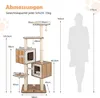 A diagram showing the dimensions of a cat tree, with a silhouette of a person for scale. Podgląd zdjęcia produktu