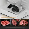 A collage showing a close-up of a food slicer and three images of sliced meat with size indicators. Produktbild-Vorschau