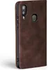 A brown leather flip case for a smartphone, shown from the side and back. Produktbild-Vorschau