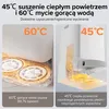A split image showing two cleaning functions of a robotic vacuum cleaner. The left side shows it cleaning with hot water at 60°C, and the right side shows it drying with warm air at 45°C. Text describes the functions and benefits. Podgląd zdjęcia produktu