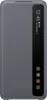 A gray Samsung Galaxy S20 flip case with a transparent window showing the time and date. Produktbild-Vorschau