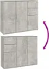 A collage of two images showing a sideboard from different angles, with a curved arrow indicating a rotation. Produktbild-Vorschau