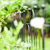 A close-up view of a black metal garden fence with green foliage in the foreground and background. Podgląd zdjęcia produktu
