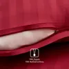 A close-up view of a red striped fabric with a partially open zipper, showing the inside of a pillowcase or duvet cover. A graphic icon and text indicating a YKK zipper are present. Produktbild-Vorschau