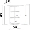 A technical drawing with dimensions of a white kitchen wall cabinet with its door open. Náhled obrázku produktu