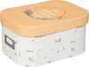A decorative storage box with a lid, featuring a pattern of rabbits and floral elements. The lid has a dotted pattern and a circular design with text and foliage. Produktbild-Vorschau