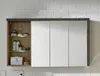 A bathroom medicine cabinet with mirrored doors and an open shelving section. Produktbild-Vorschau