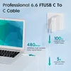 A laptop connected to a wall charger via a USB-C cable, with text highlighting the cable's features. Produktbild-Vorschau