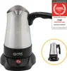 A close-up shot of an electric Turkish coffee maker with branding and award stickers. Produktbild-Vorschau