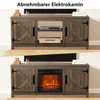 A two-panel image showing a TV stand, with the bottom panel displaying the TV stand with an electric fireplace turned on. Produktbild-Vorschau