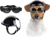 A dog wearing a helmet and goggles, with the helmet and goggles shown separately. Produktbild-Vorschau