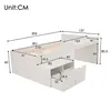 A diagram showing the dimensions of a white children's bed with integrated desk and drawers. Produktbild-Vorschau