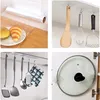 A collage of four images showcasing adhesive hooks holding various kitchen items like utensils, a pot lid, plastic wrap, and food. Produktbild-Vorschau