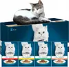 A box of cat food with individual pouches displayed below, featuring cats and food images. Anteprima dell’immagine prodotto