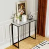 A console table with a marble top and black metal frame, decorated with a painting, a vase of flowers, and books, placed in a room with decorative wall molding and curtains. Podgląd zdjęcia produktu