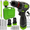 A collage of a cordless drill and its accessories, including batteries, drill bits, a flexible shaft, a charger, and a carrying case. Produktbild-Vorschau