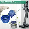 A vacuum cleaner with close-up views of its filters, set against a blurred background of a living room. Produktbild-Vorschau