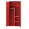 An open red metal wardrobe with a hanging rail and shelves. Náhled obrázku produktu