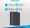 A marketing image showcasing the features of a power bank with solar charging capabilities. Produktbild-Vorschau