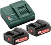 A Metabo battery charger and two batteries are shown. Produktbild-Vorschau